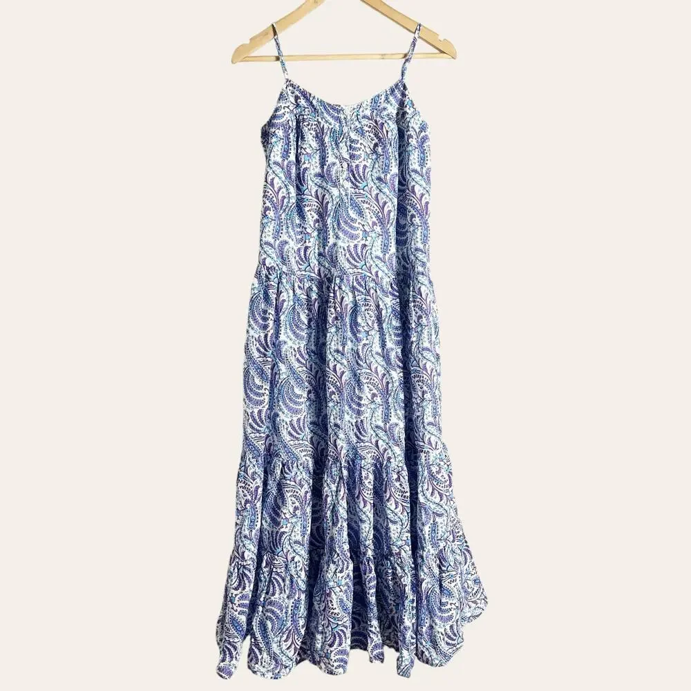 J.Crew Tiered Cotton Voile Purple Paisley Print Maxi Dress Size XS